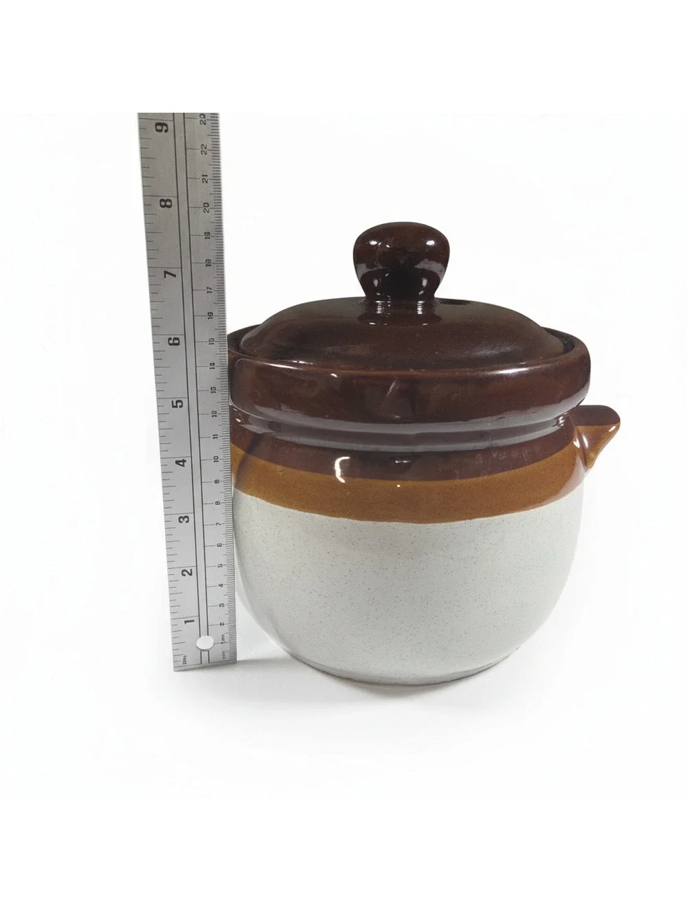 Vintage Ceramic Brown and Cream Covered Pot with Handles